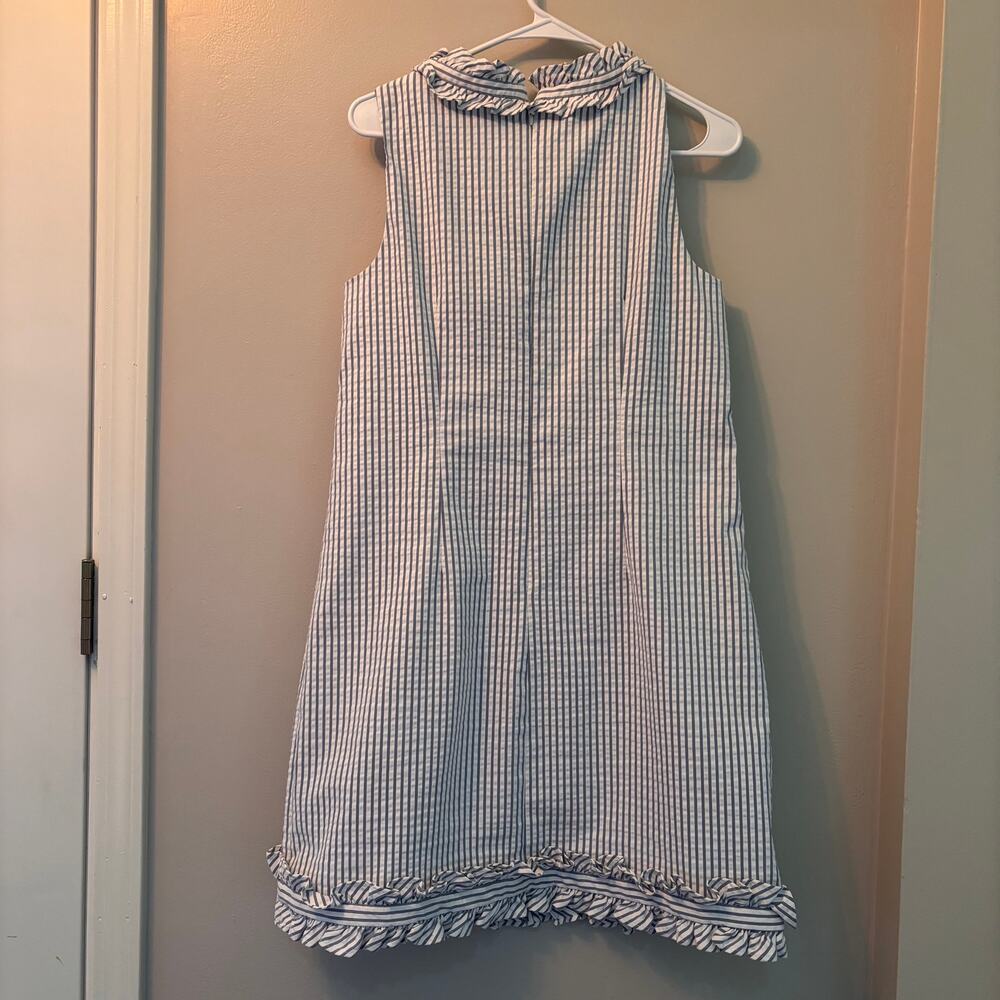 Eliza J. Sleeveless Blue Stripe Seersucker Ruffle Nautical Dress Sz 12 - Picture 2 of 8